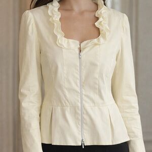 Samuel Dong Elegant Cream Ruffle Zip up Top Size XL